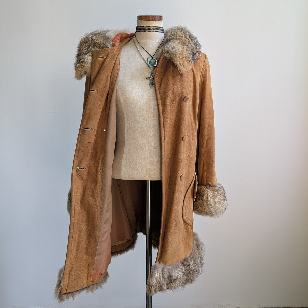 Vintage Brown Suede Fur Trim Penny Lane Jacket Furry Leather Trench Coat Medium