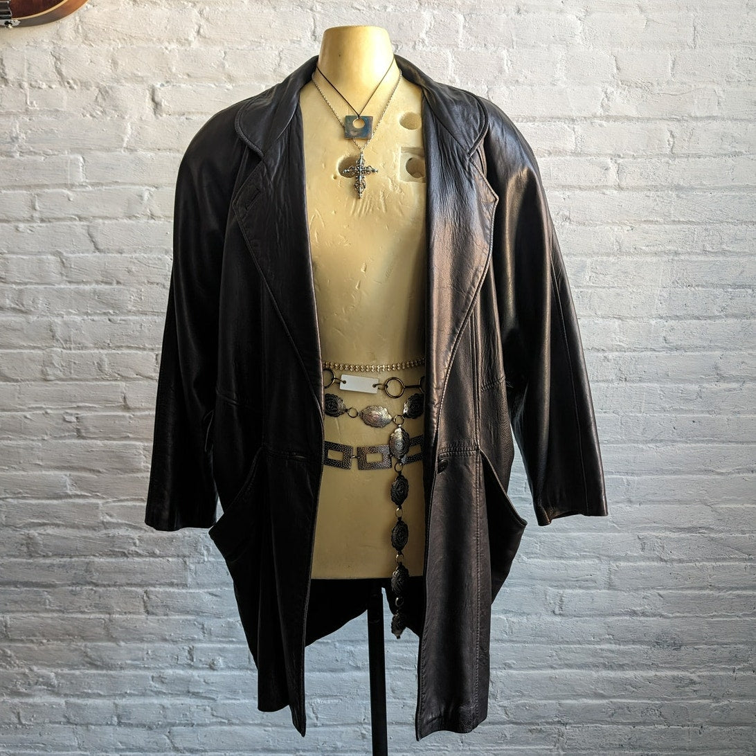 Vintage Minimalist Black Leather Duster Chic Baddie Biker Moto Goth Trench Coat