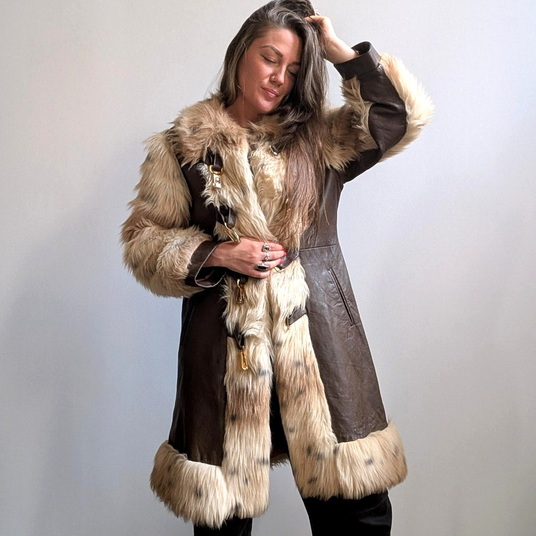 Vintage Cheetah Faux Fur Afghan Coat Leather Penny Lane Shaggy Trench Jacket