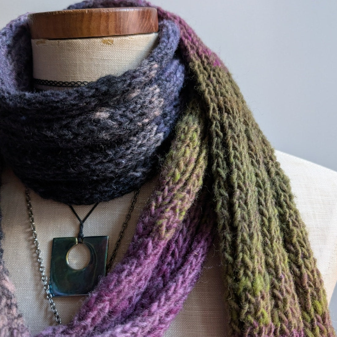 Vintage Chunky Knit Purple Green Stripe Scarf Grunge Earthy Fringe Boho Y2K Wrap