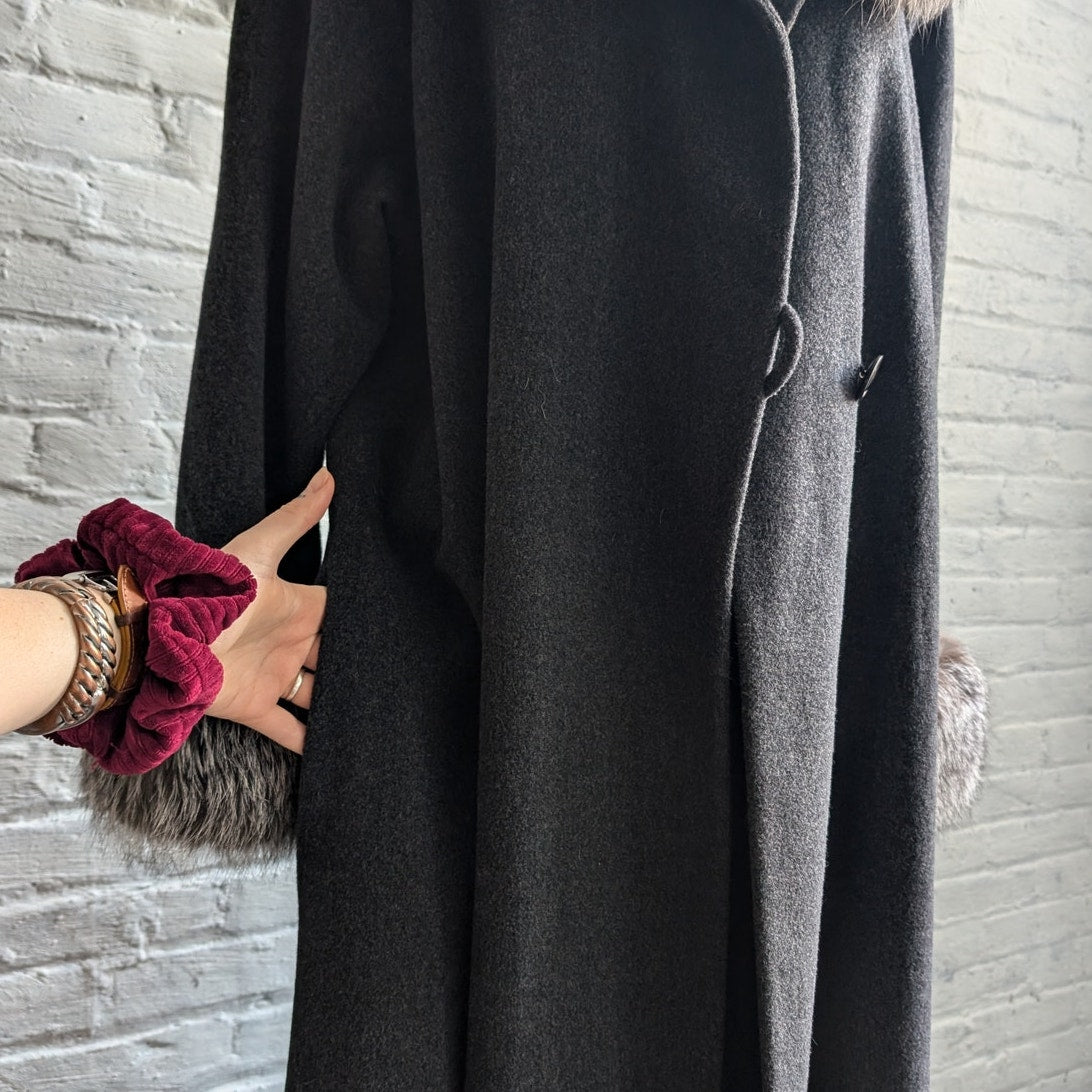 Vintage Gray Wool Fox Fur Penny Lane Coat Dark Academia Trench Afghan Jacket