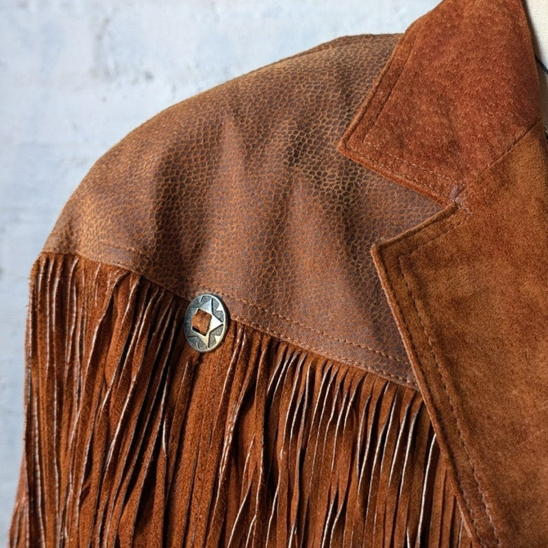 Vintage Rust Orange Brown Suede Leather Jacket Fringe Biker Western Moto Coat
