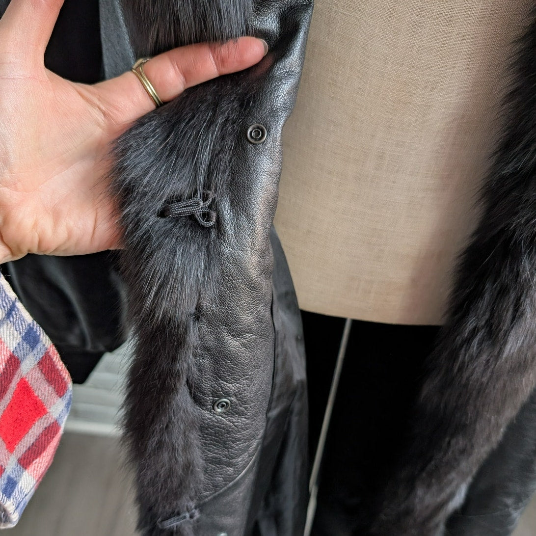 Vintage Black Leather Fox Fur Penny Lane Trench Coat Minimalist Duster Jacket