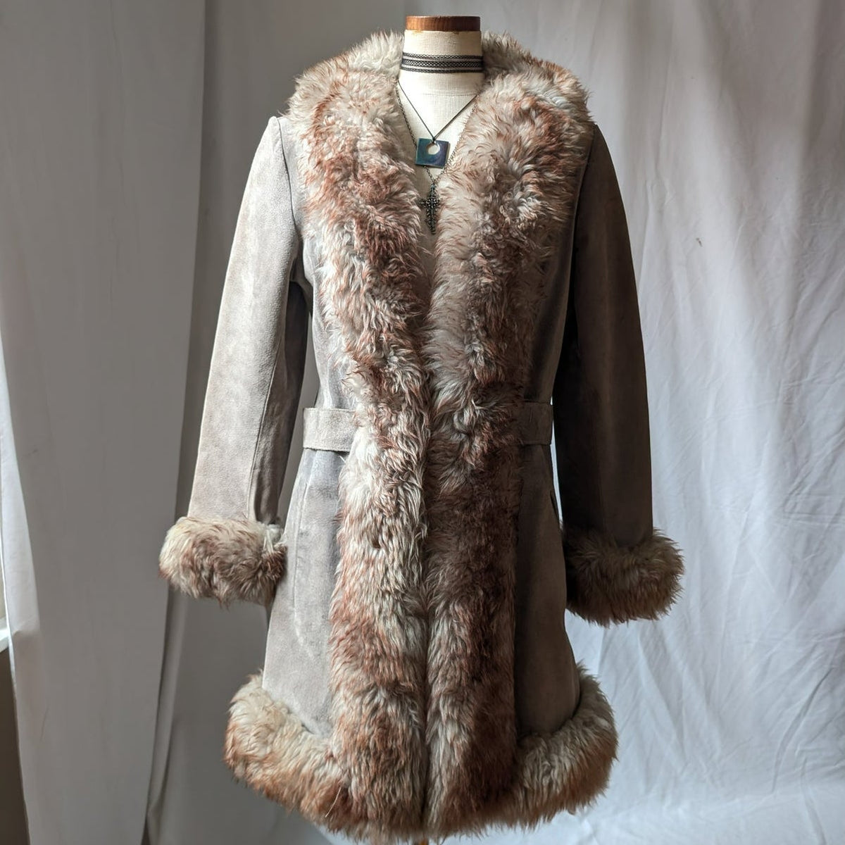 Vintage Suede Penny Lane Fur Trim Jacket M Tan Shearling 70s Leather Trench Coat