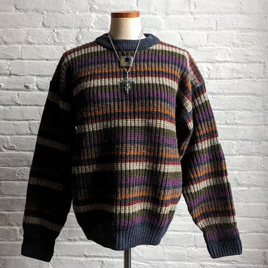 70s Vintage Navy Chunky Knit Striped Wool Sweater Minimalist Grunge Preppy Top