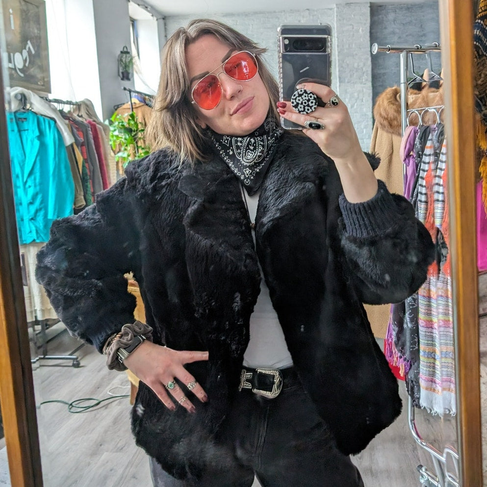 Vintage Black Rabbit Fur Bomber Coat Minimalist Shaggy Furry Fuzzy Moto Jacket