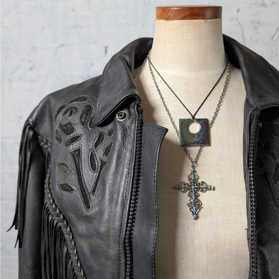 Vintage Black Leather Biker Fringe Jacket Moto Western Velvet Goth Coat Large