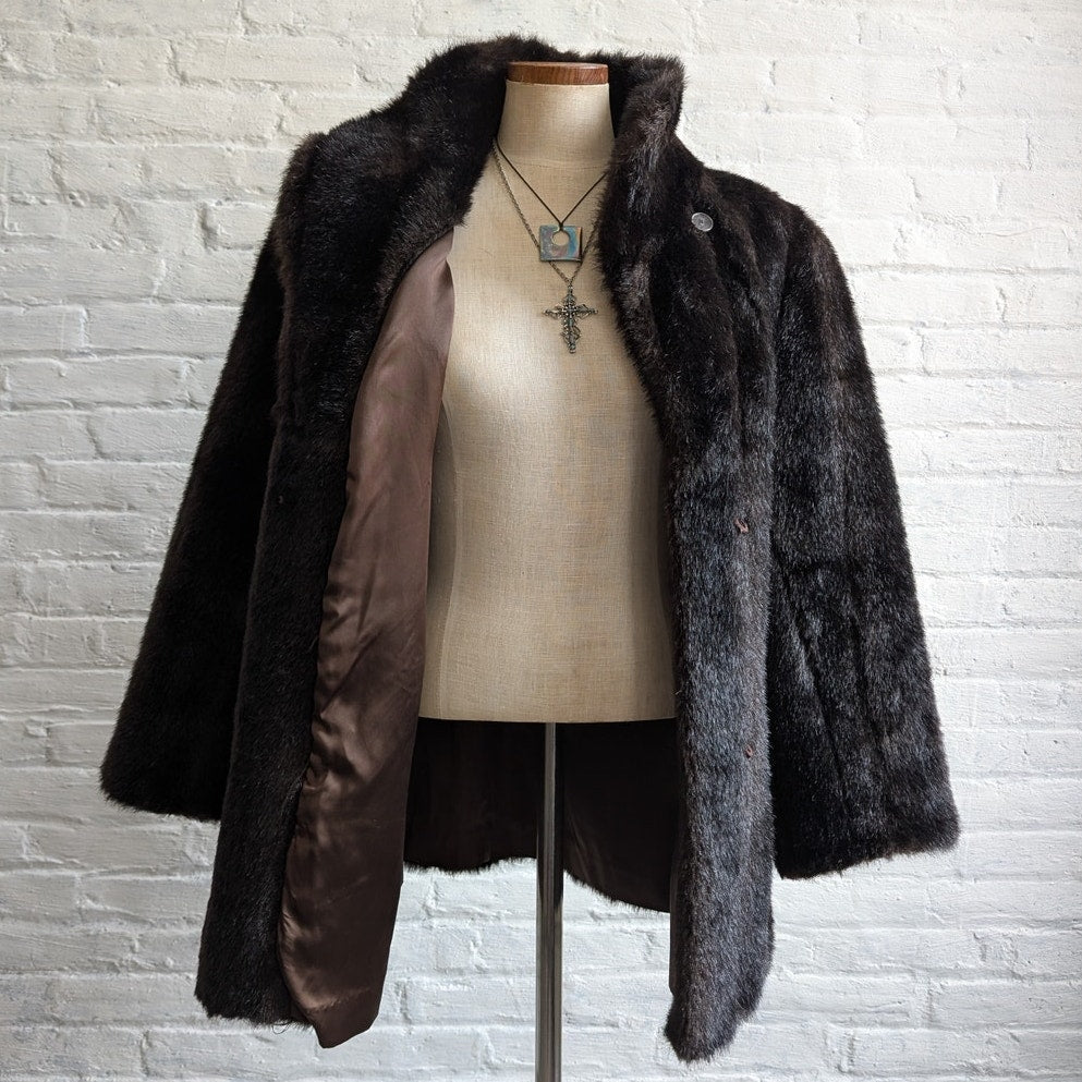 Vintage Brown Faux Fur Coat Plush Minimalist Mob Wife Fuzzy Glam Goth Jacket