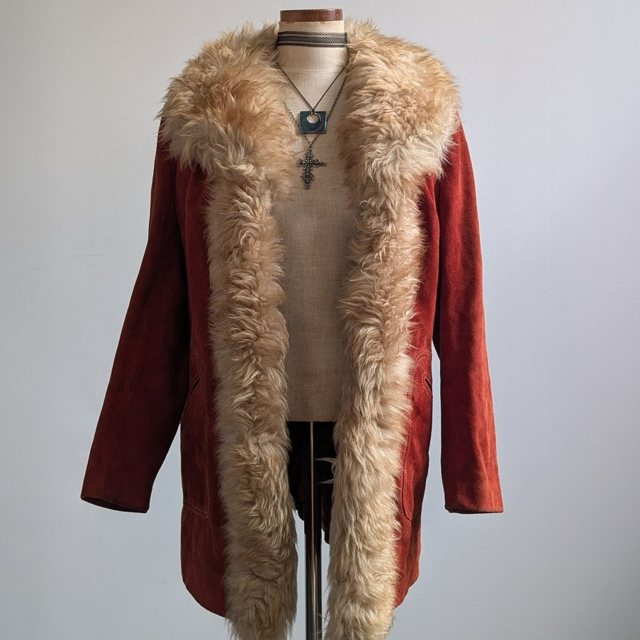 Vintage Red Suede Jacket Leather Penny Lane Coat Fur Trim 70s Trench Coat Medium
