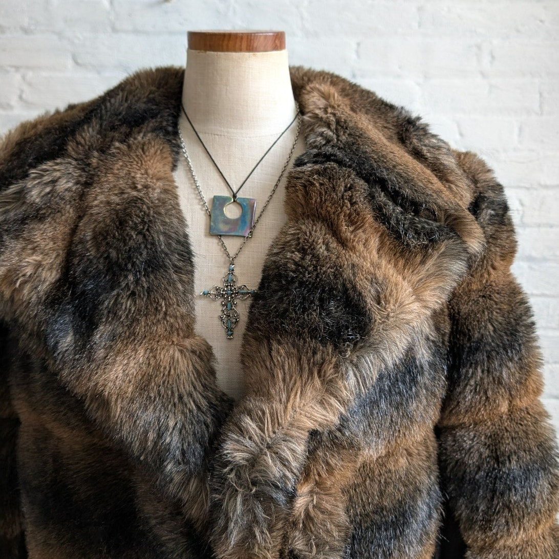 Vintage Ombre Faux Fur Coat Trench Shaggy Faux Leather Groovy Glam Plush Jacket