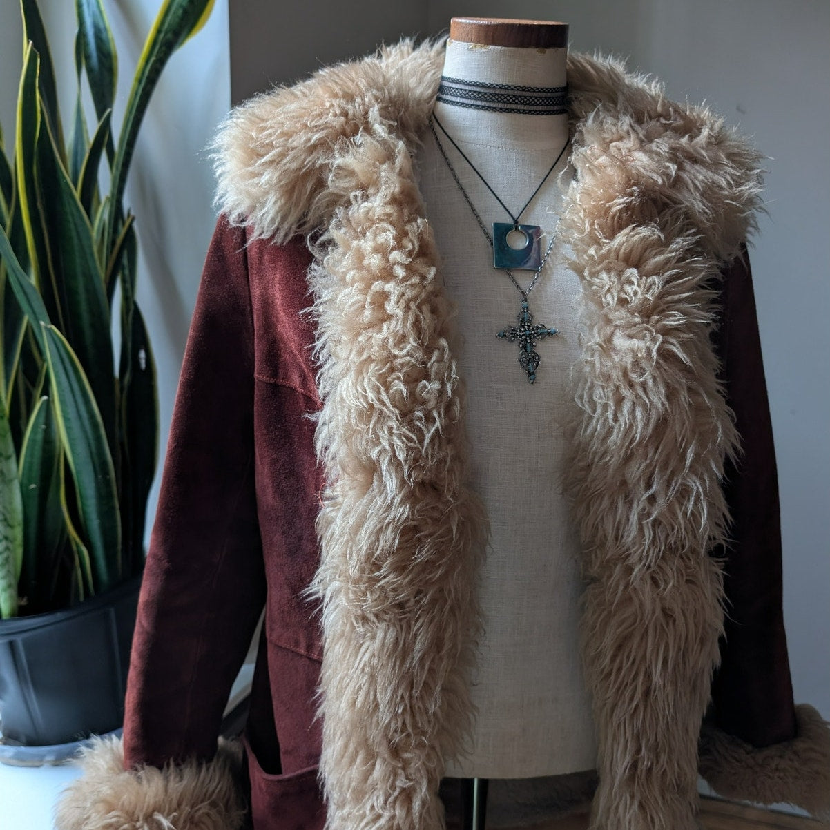 Vintage Red Suede Jacket Leather Penny Lane Coat Fur Trim 70s Trench Coat Small