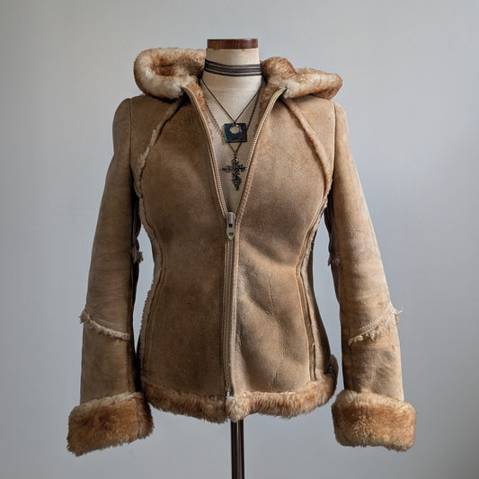 Vintage Tan Suede Shearling Coat Brown Wool Jacket Boho Chic Fur Coat Hood XS