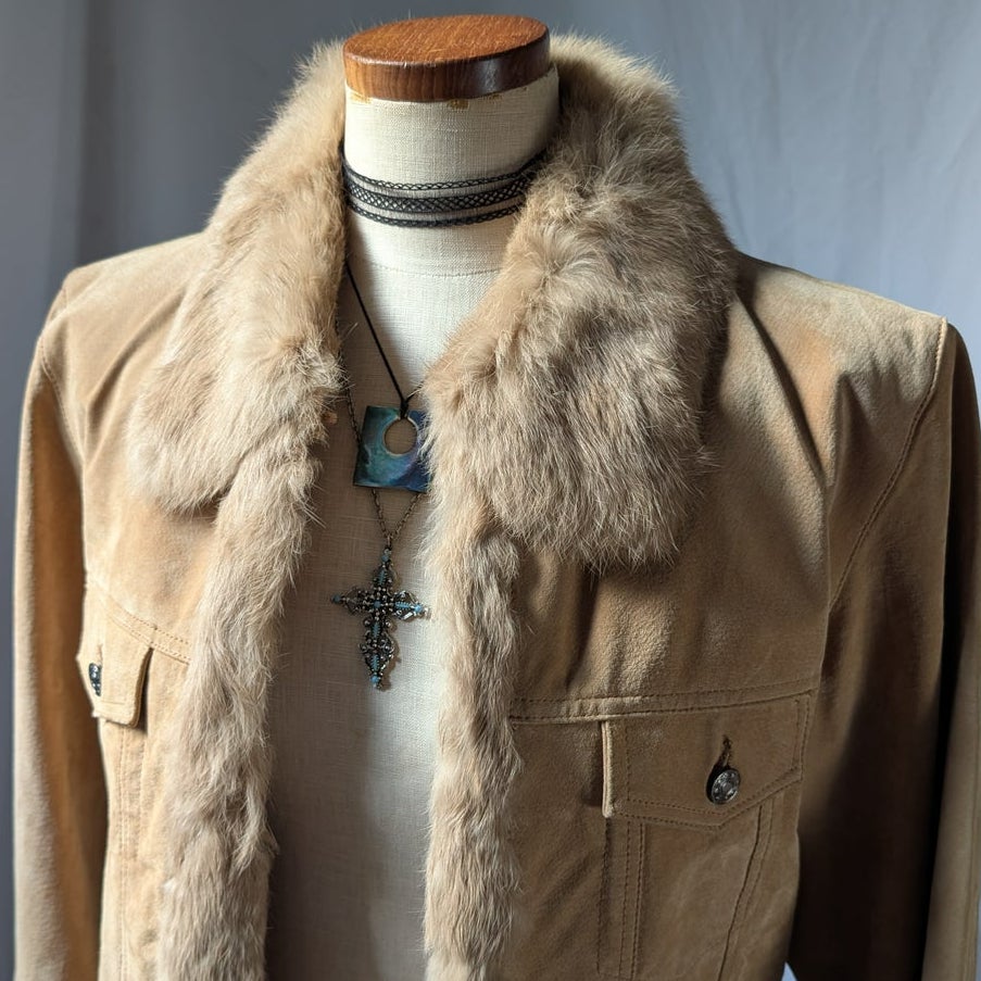 Y2K Vintage Suede Fur Trim Coat L Cropped Neutral Leather Penny Lane Jacket Boho