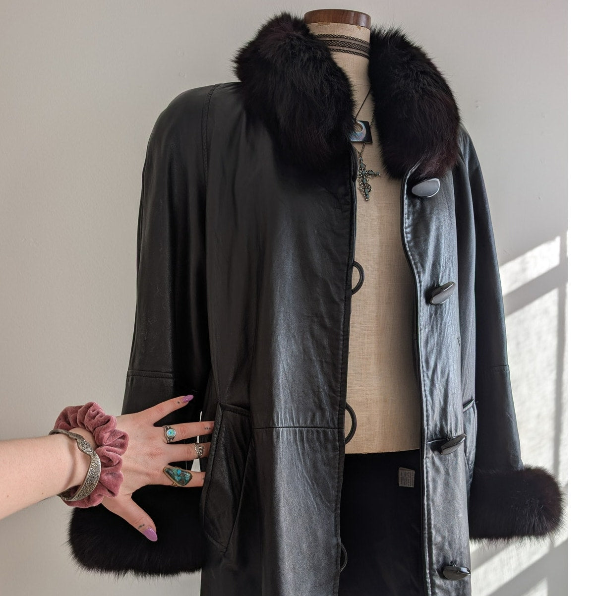 Vintage Black Leather Penny Lane Jacket Fur Trim Goth Afghan Trench Coat Small