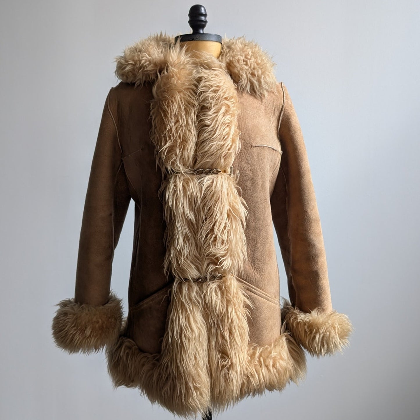 70s Vintage Brown Leather Penny Lane Coat Tan Suede Fur Groovy Boho Afghan Coat