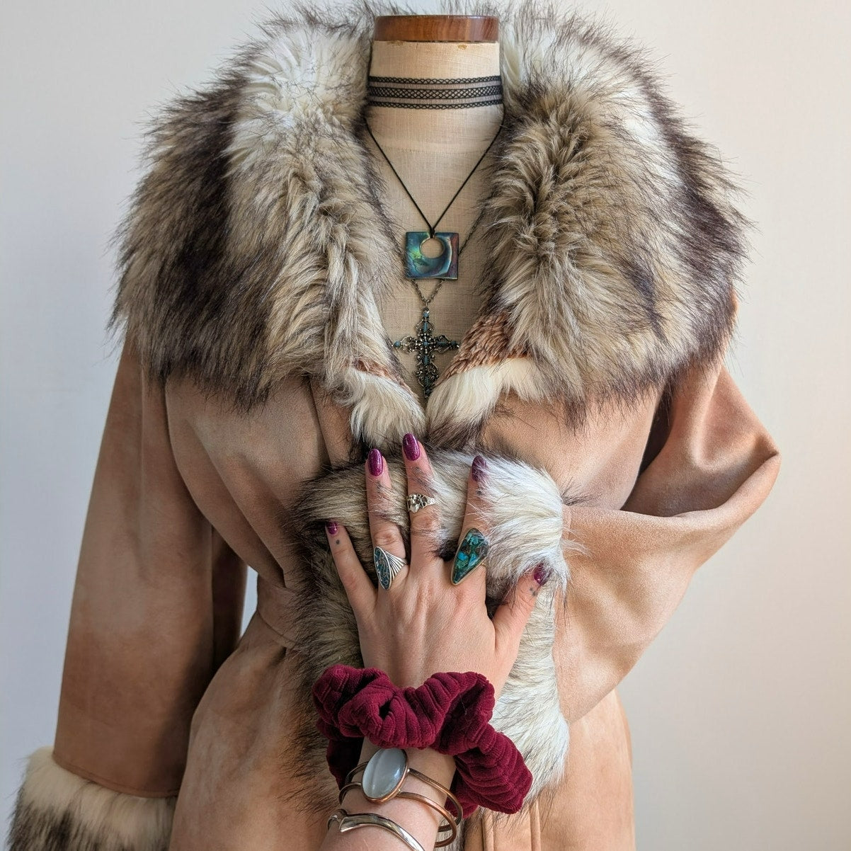 Vintage Brown Vegan Suede Penny Lane Jacket Y2K Tan Faux Fur Afghan Coat Small