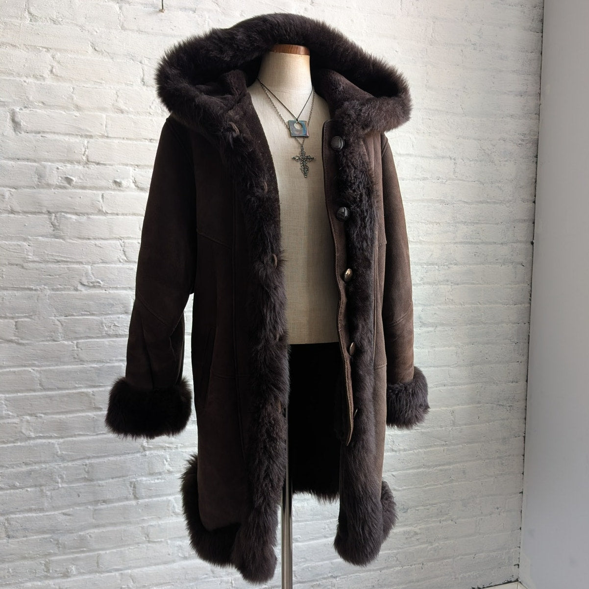 Vintage Brown Suede Fur Jacket Penny Lane Fur Furry Leather Groovy Trench Coat