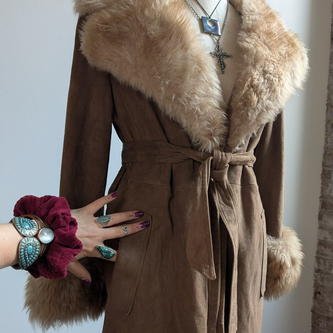 Vintage Brown Leather Penny Lane Coat Tan Suede Fur 70s Afghan Jacket Medium
