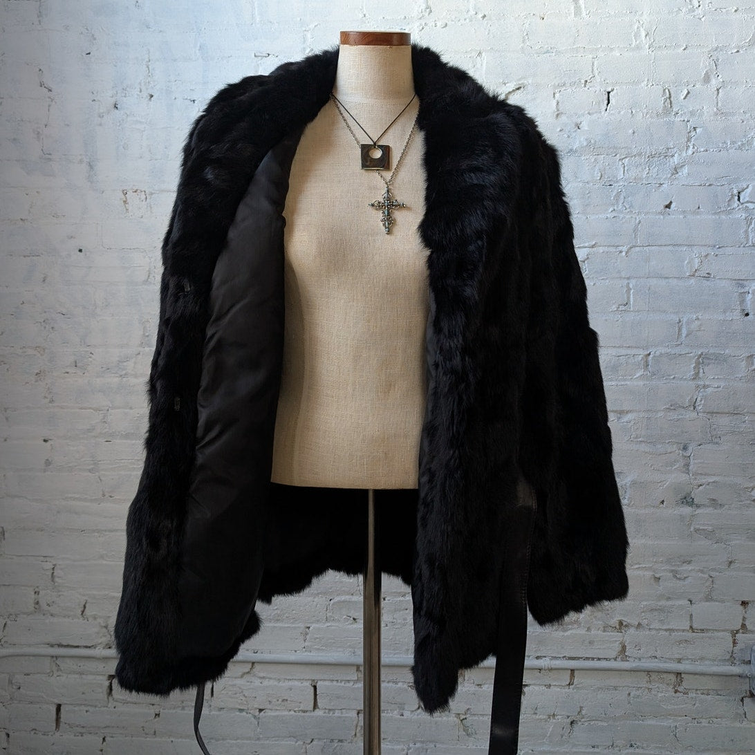 Vintage Jet Black Fur Coat Leather Belted Minimalist Rabbit Furry Fuzzy Jacket
