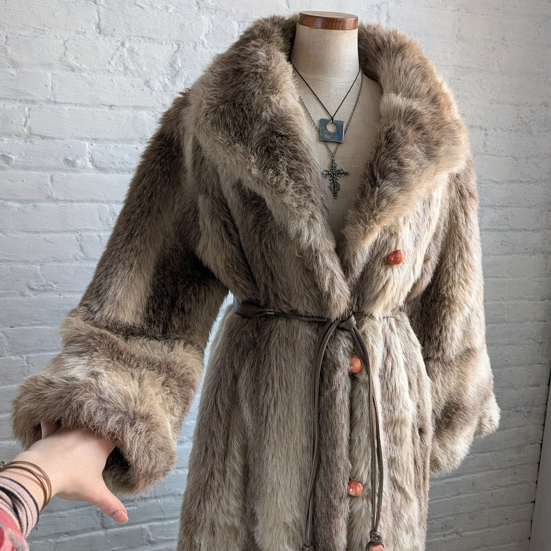 Vintage Neutral Brown Faux Fur Trench Coat Mob Wife Fuzzy Glam Plush Boho Jacket