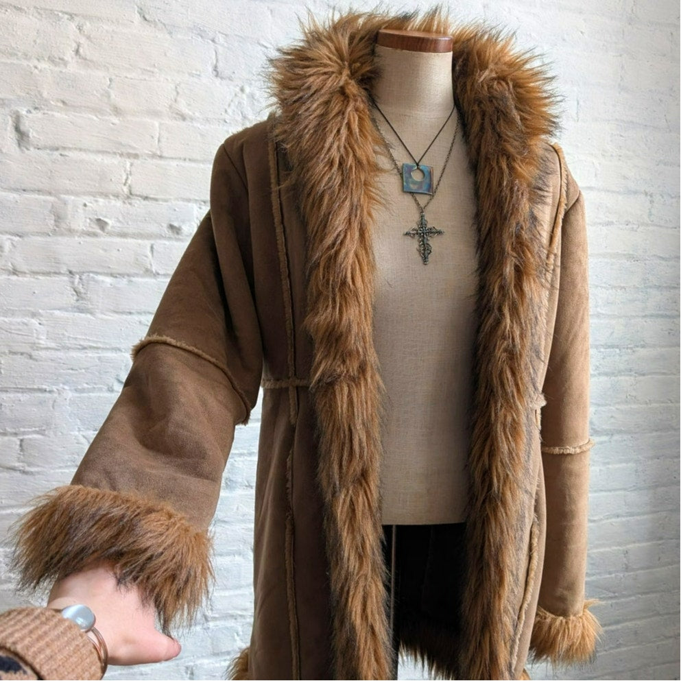 Y2K Vintage Brown Suede Penny Lane Jacket Faux Fur Fuzz Leather Boho Trench Coat