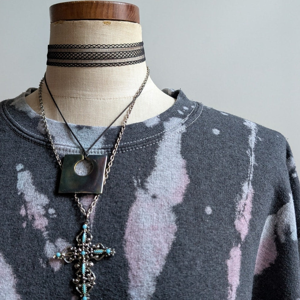 Vintage Black Custom Bleach Sweatshirt Distressed Tie Dye Festival Sweater Large