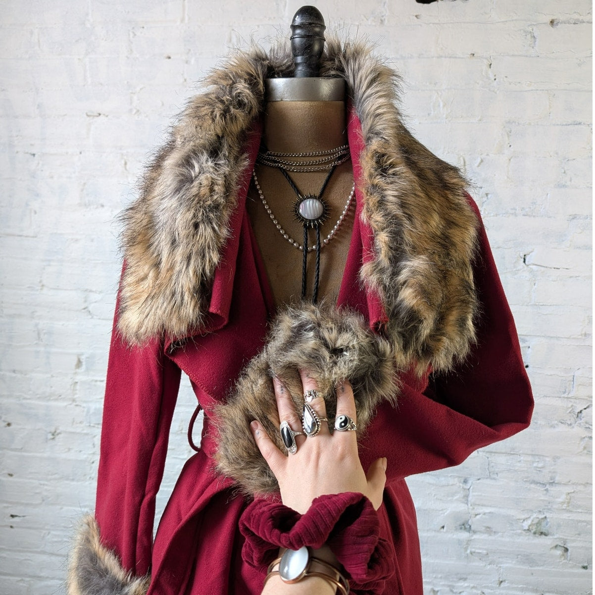 Y2K Red Faux Fur Shaggy Penny Lane Jacket Dark Romance Knit Bratz Trench Coat