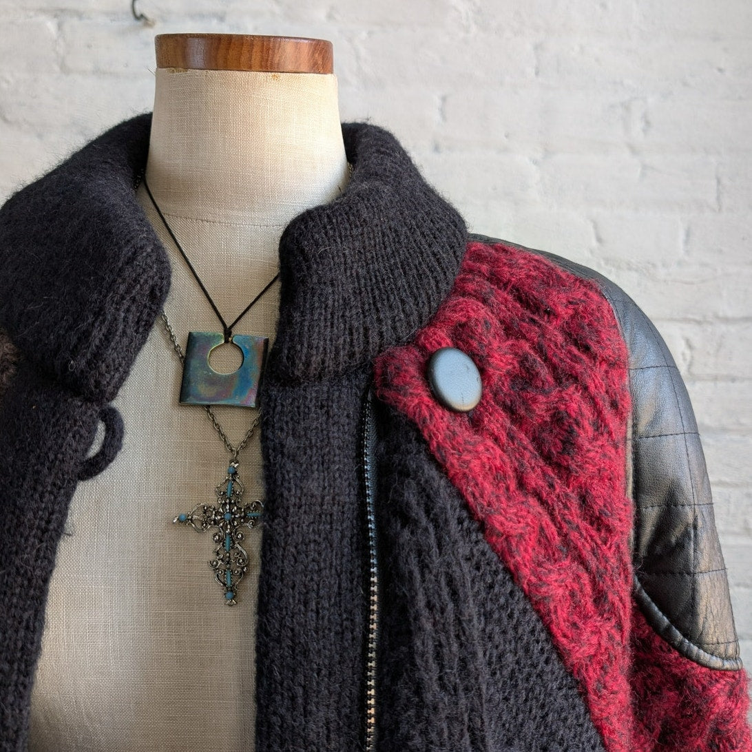 Vintage Cable Knit Leather Sweater Coat Grandpa Granny Cozy Cottage Parka Jacket