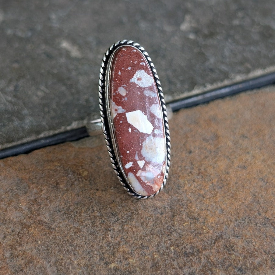 Red Oval Boho Ring Silver Statement Ring Groovy Vintage Southwest Rusty Size 8.5