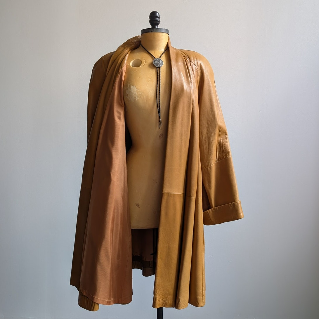 Vintage Brown Leather Trench Coat Boho Western Minimalist Neutral Jacket Large