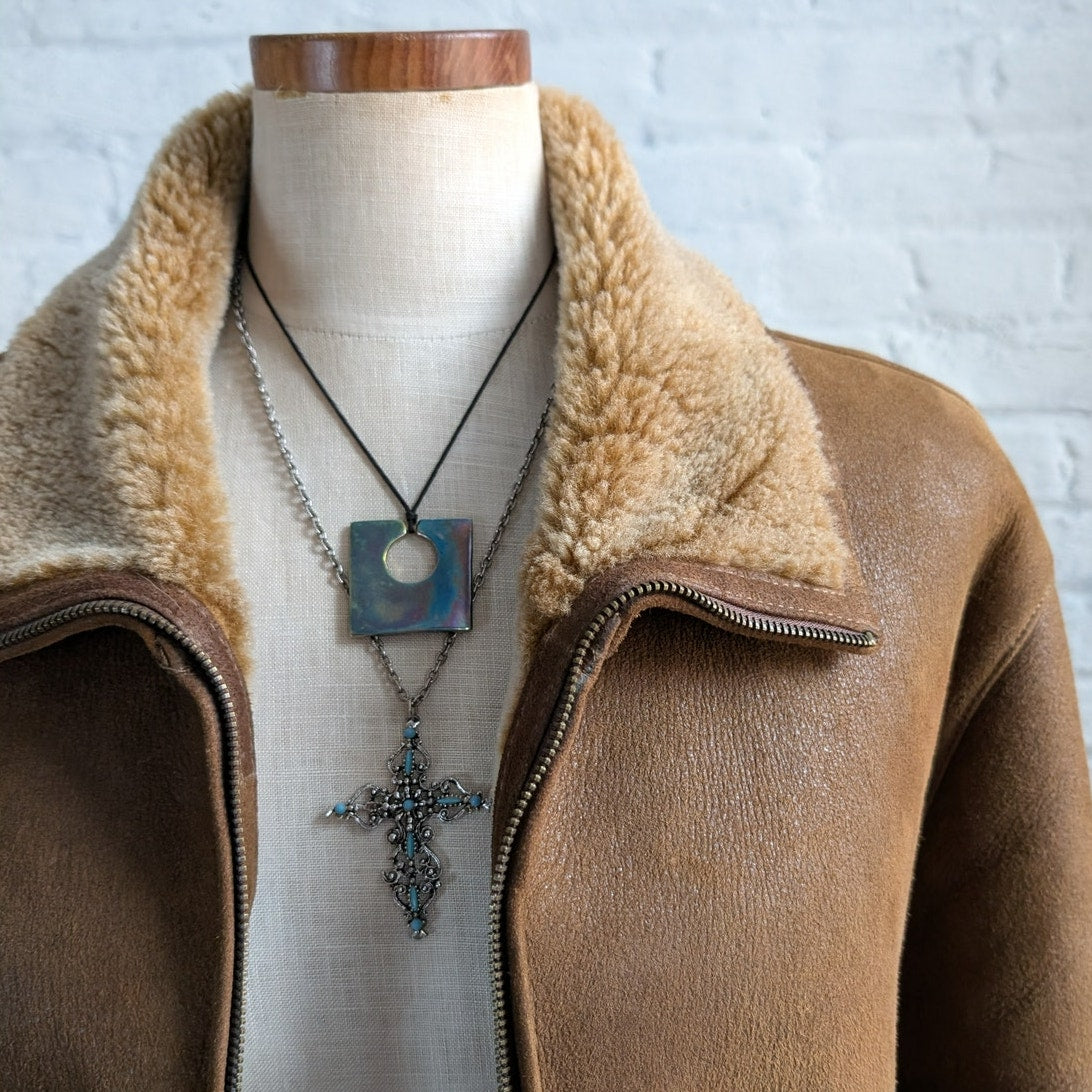 Vintage Brown Suede Leather Penny Lane Coat Minimalist Western Shearling Jacket