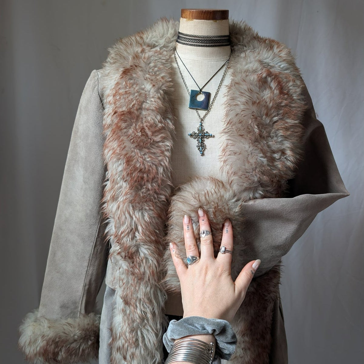 Vintage Suede Penny Lane Fur Trim Jacket M Tan Shearling 70s Leather Trench Coat