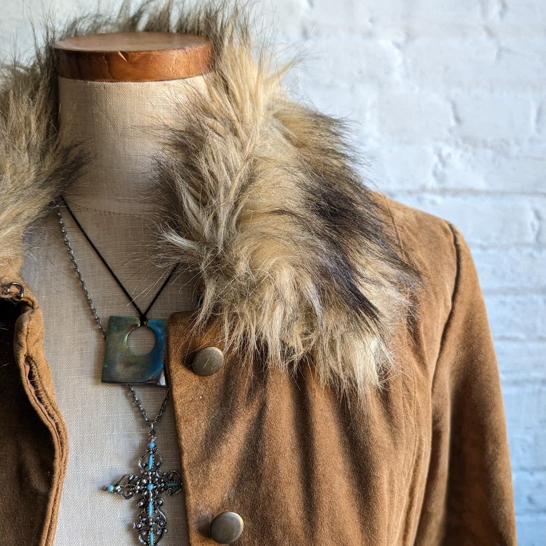 Y2K Vintage Furry Penny Lane Coat Genuine Suede Leather Vegan Fur Shag Jacket