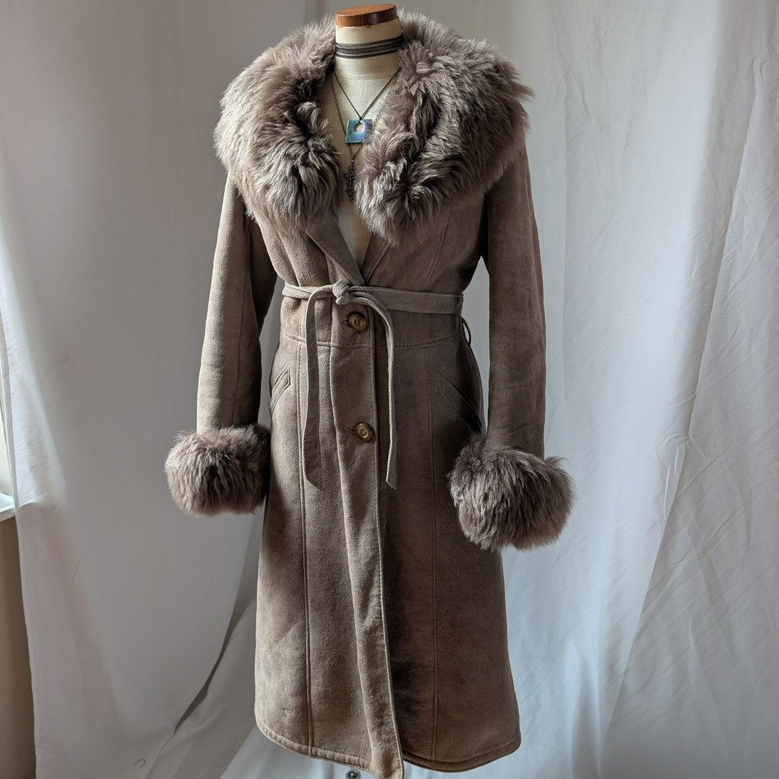 Vintage Brown Suede Penny Lane Jacket S Shearling Fur Coat Chic Leather Trench