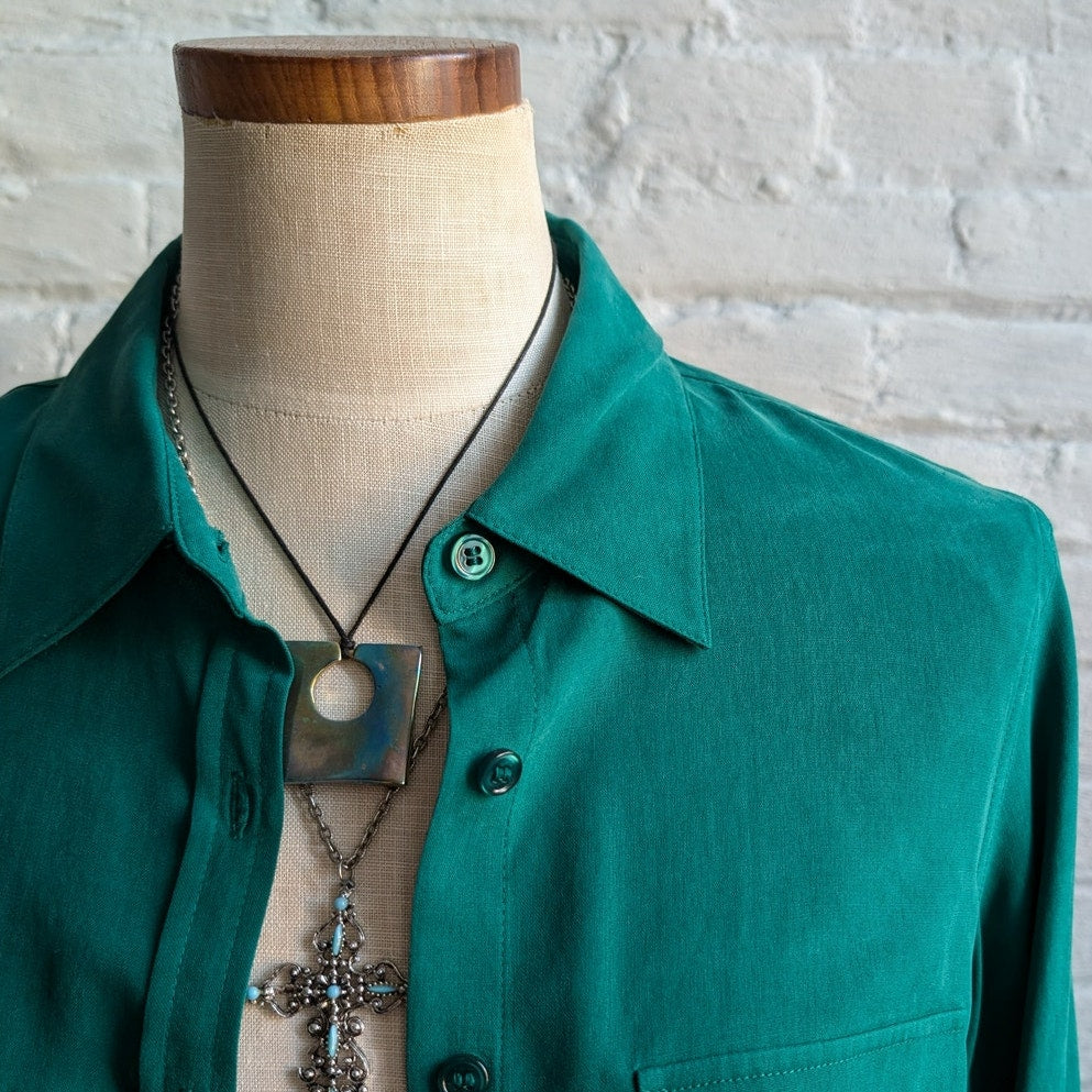 NWT Vintage Green Silk Top Button Front Blouse Earthy Hunter Sage Green Medium
