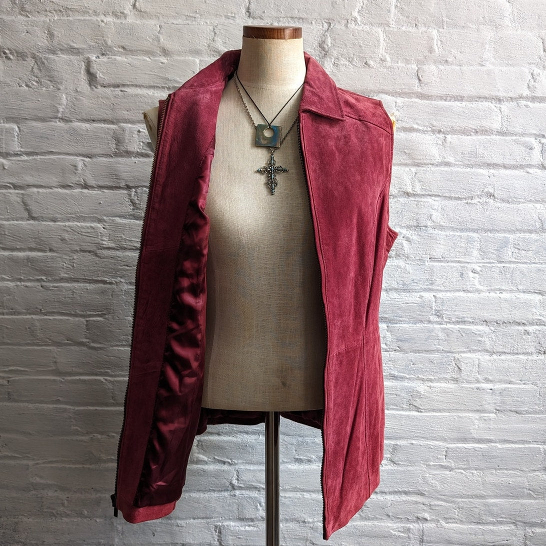 Y2K Red Leather Vest Suede Biker Minimalist Red Vintage Vest Spring Top Medium