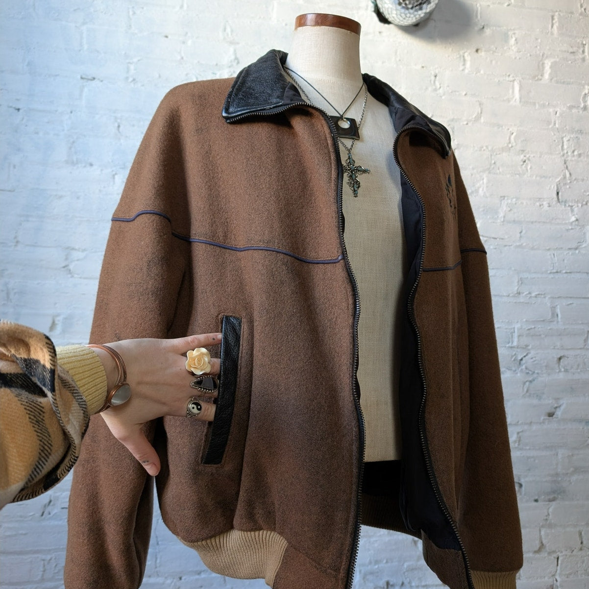 Vintage Brown Wool Leather Bomber Jacket Western Utility Cowboy Chore Coat Large