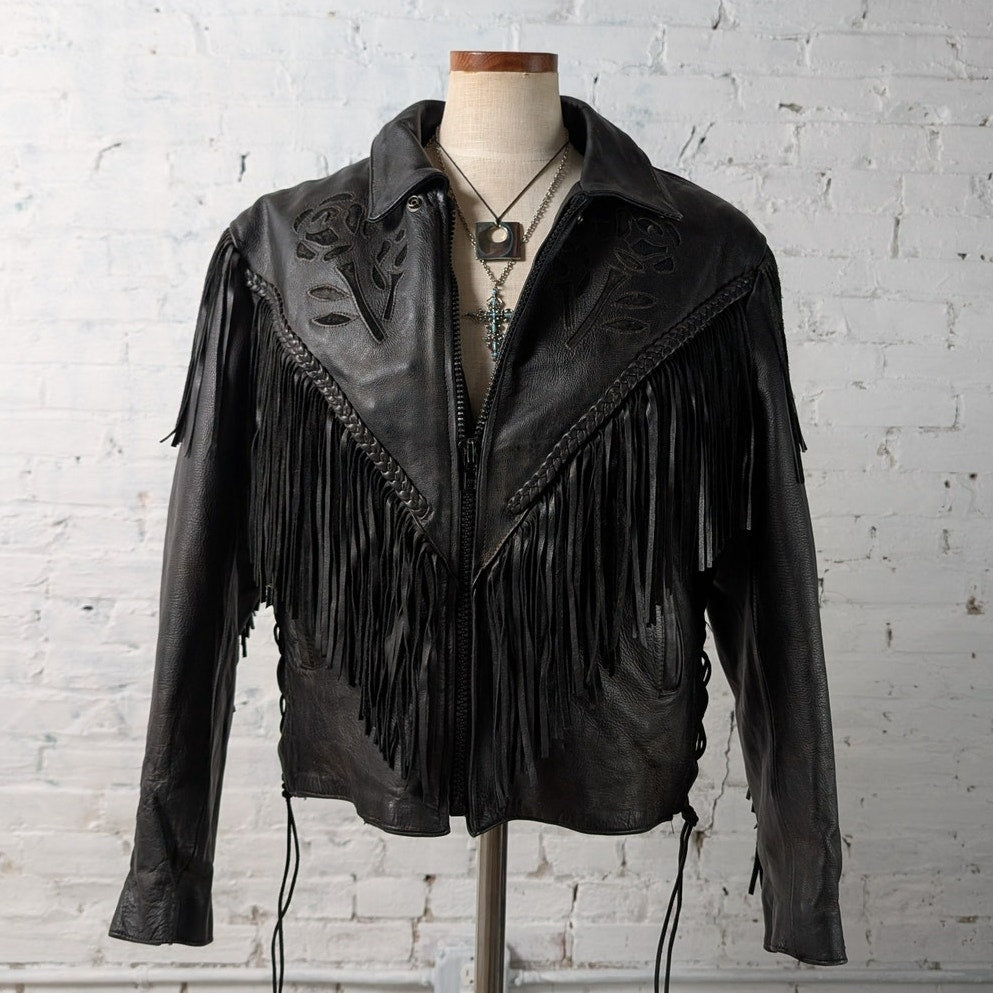 Vintage Black Leather Biker Fringe Jacket Moto Western Velvet Goth Coat Large