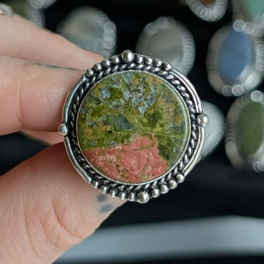 Earthy Green Pink Sterling Silver Ring Retro Vintage Boho Natural Stone Size 7.5
