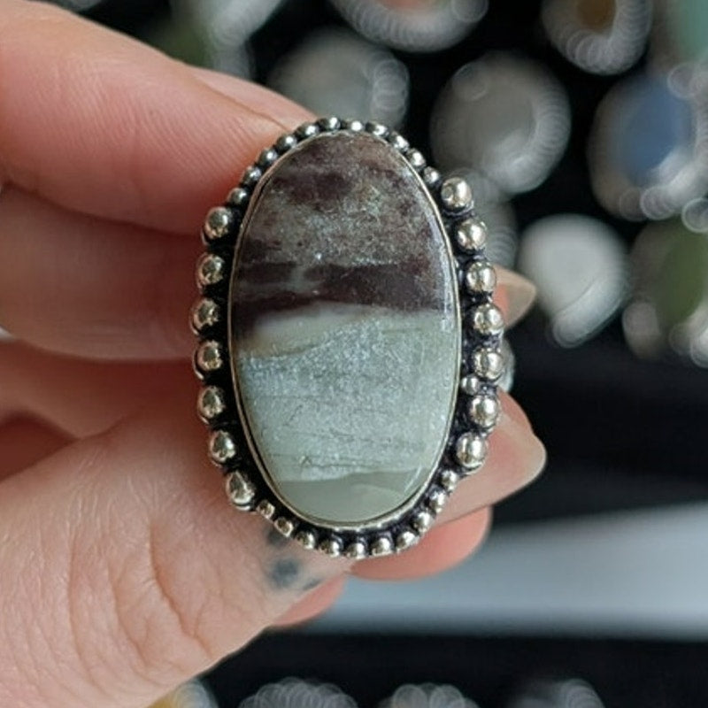 Earthy Oval Statement Ring Sterling Silver Ring Vintage Boho Natural Stone 8.75