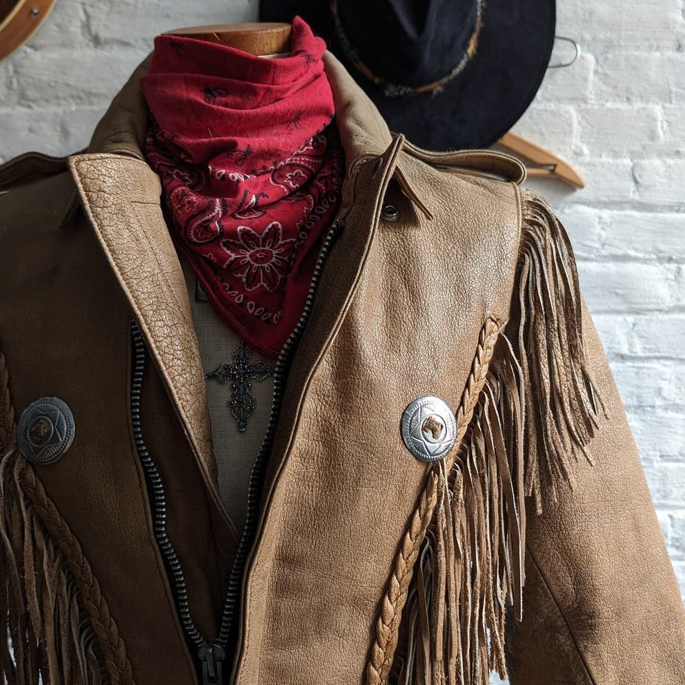 Vintage Light Caramel Brown Southwest Leather Fringe Biker Jacket