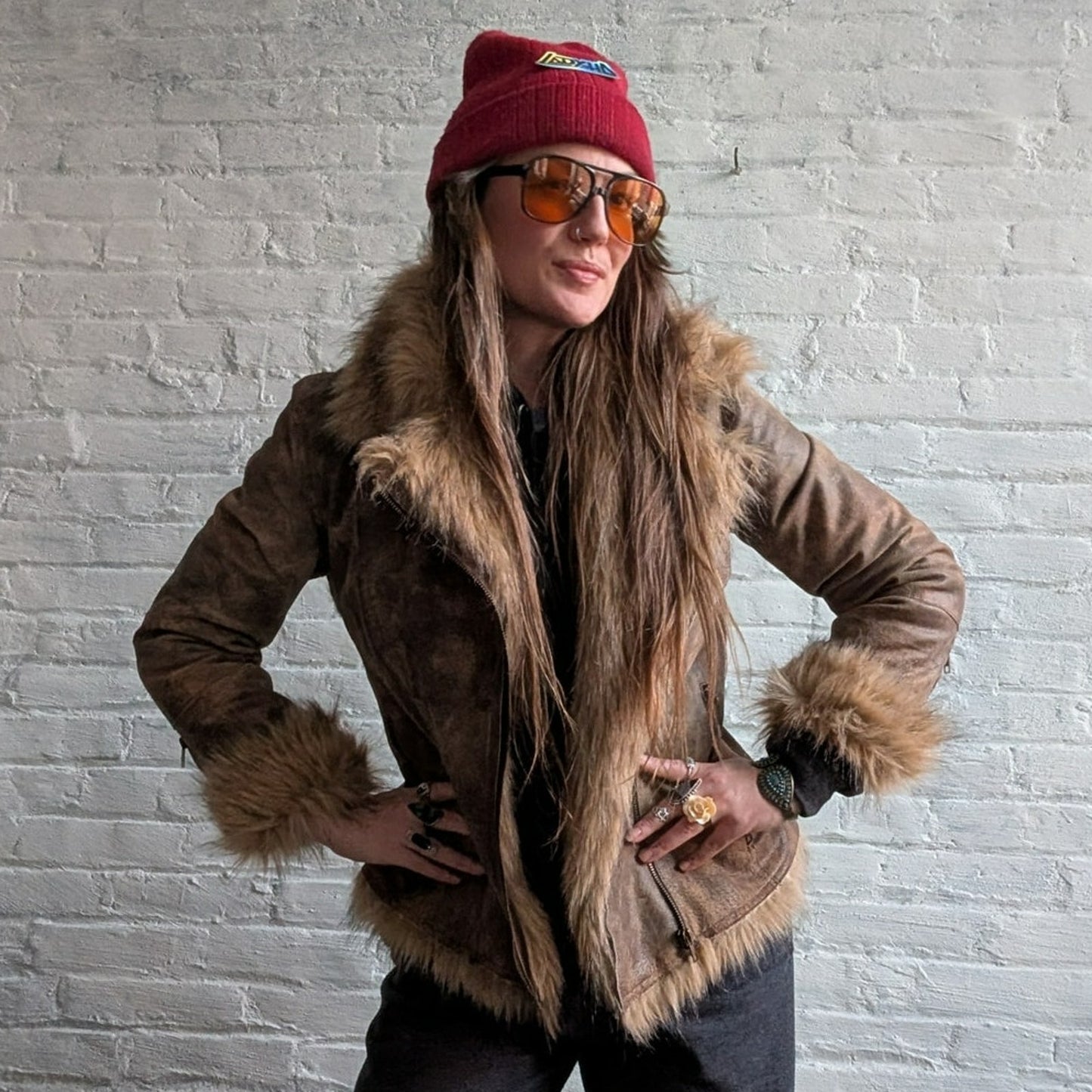 Vintage Brown Leather Fur Penny Lane Jacket Groovy Afghan Almost Famous Y2K Coat