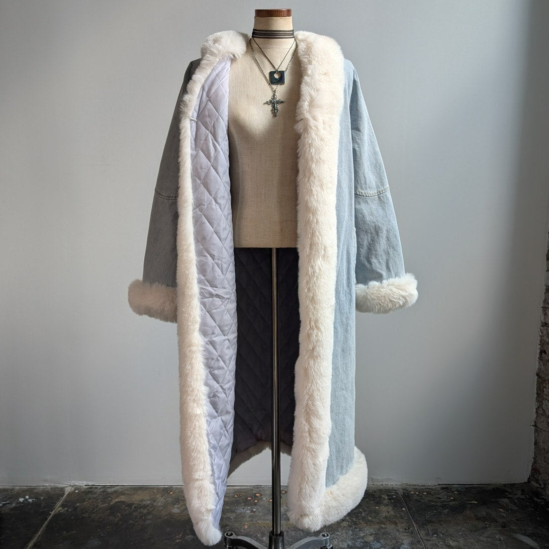 Y2K Faux Fur Penny Lane Afghan Coat Denim Trench Coat 90s Boho Jean Jacket Large