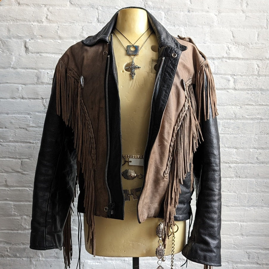 Vintage Brown Black Leather Biker Jacket Fringe Concho Motorcycle Western Duster