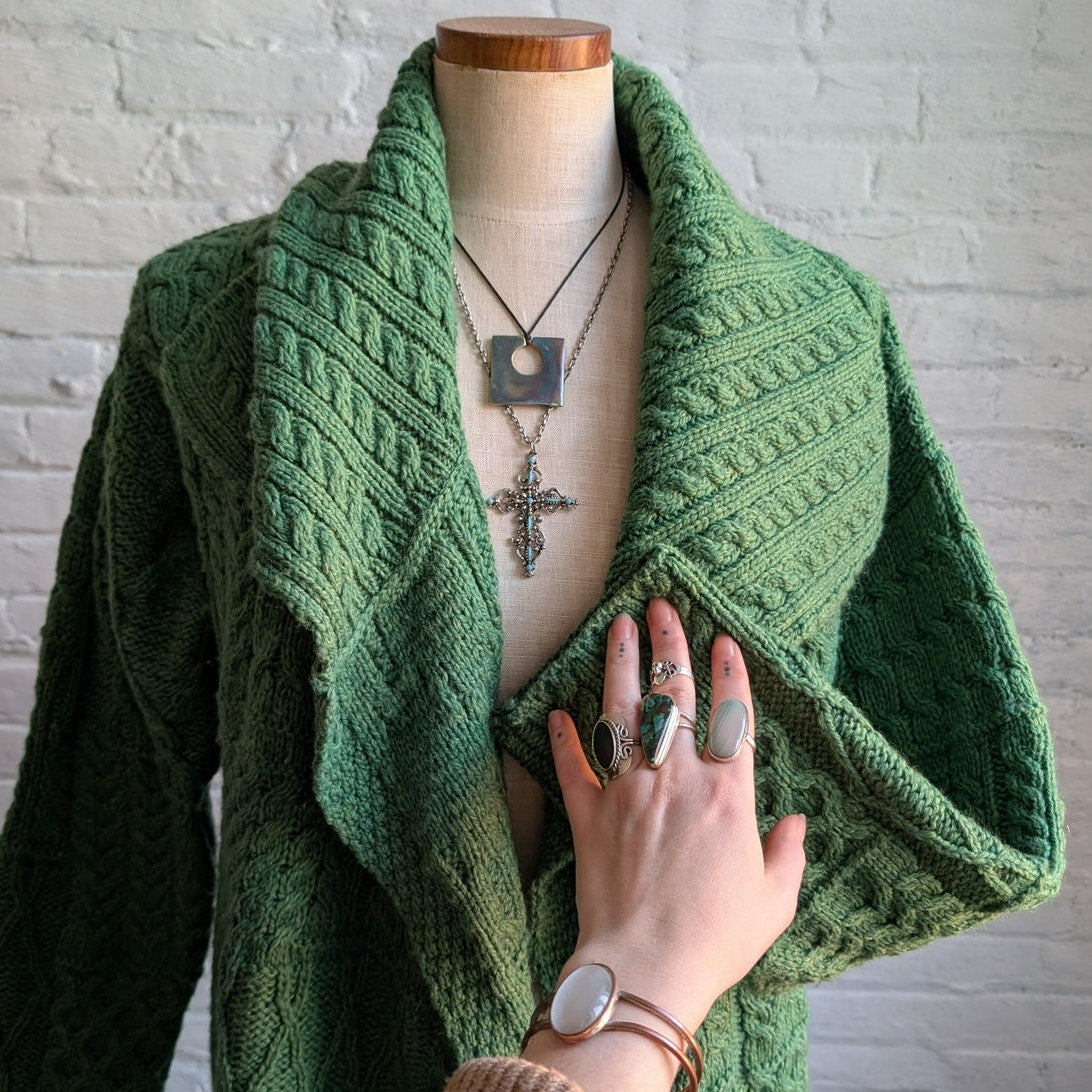 Vintage Green Wool Cable Knit Grandpa Sweater Minimalist Chunky Cardigan Top