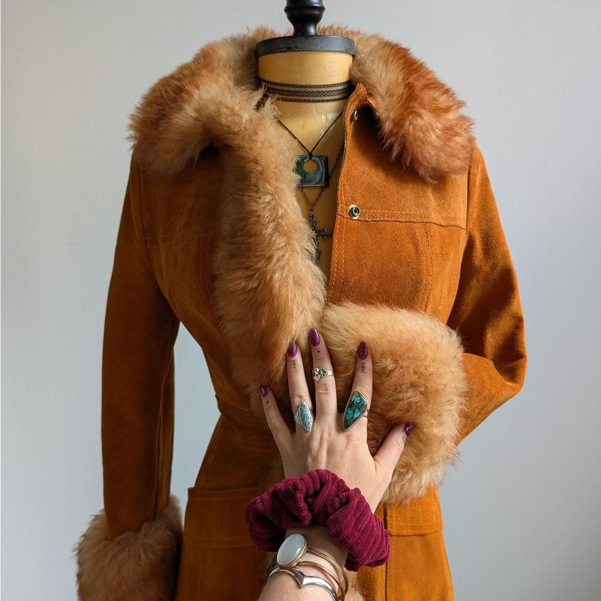 Vintage Orange Suede Penny Lane Afghan Trench Coat Fur Trim 70s Leather Jacket S