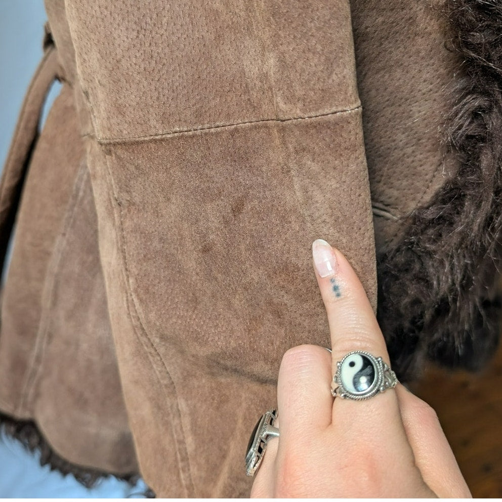 Y2K Vintage Brown Suede Penny Lane Coat M Faux Fur Leather Jacket Boho Afghan