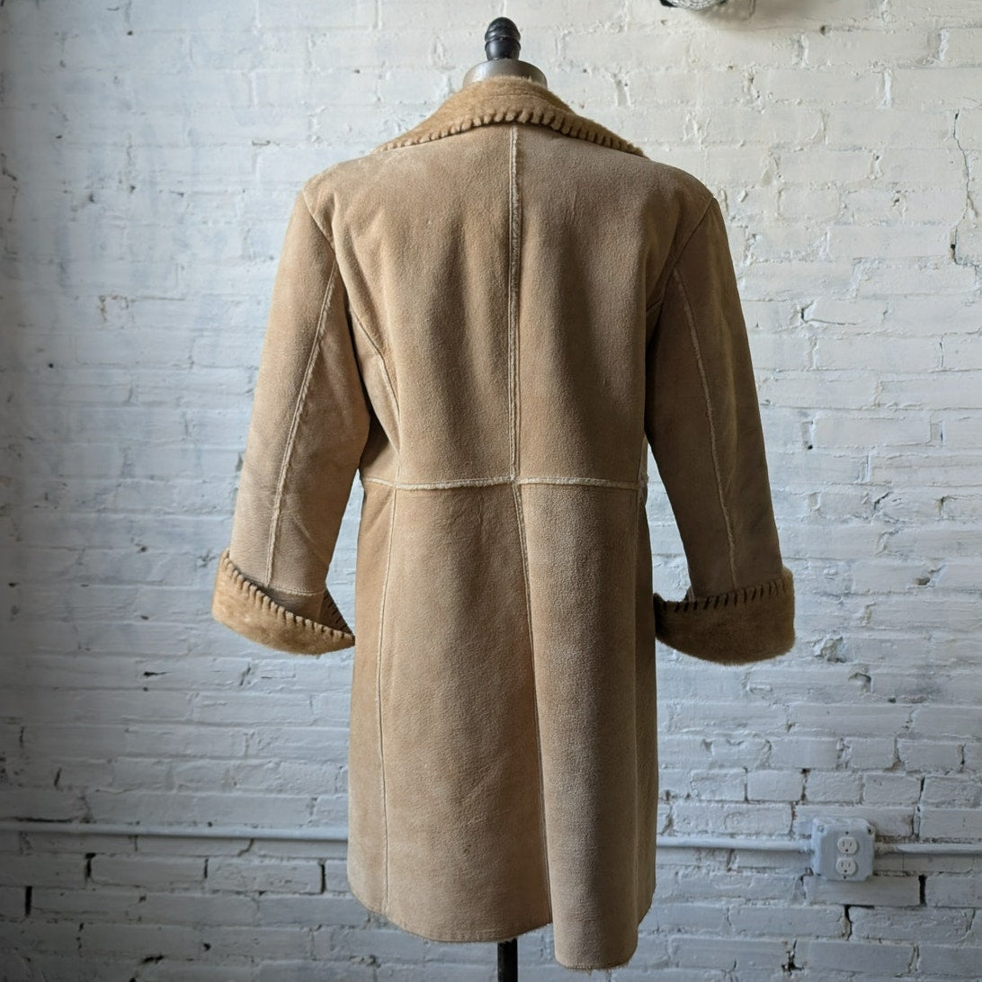 Vintage Neutral Tan Suede Leather Duster Groovy Boho Faux Fur Trench Coat Jacket