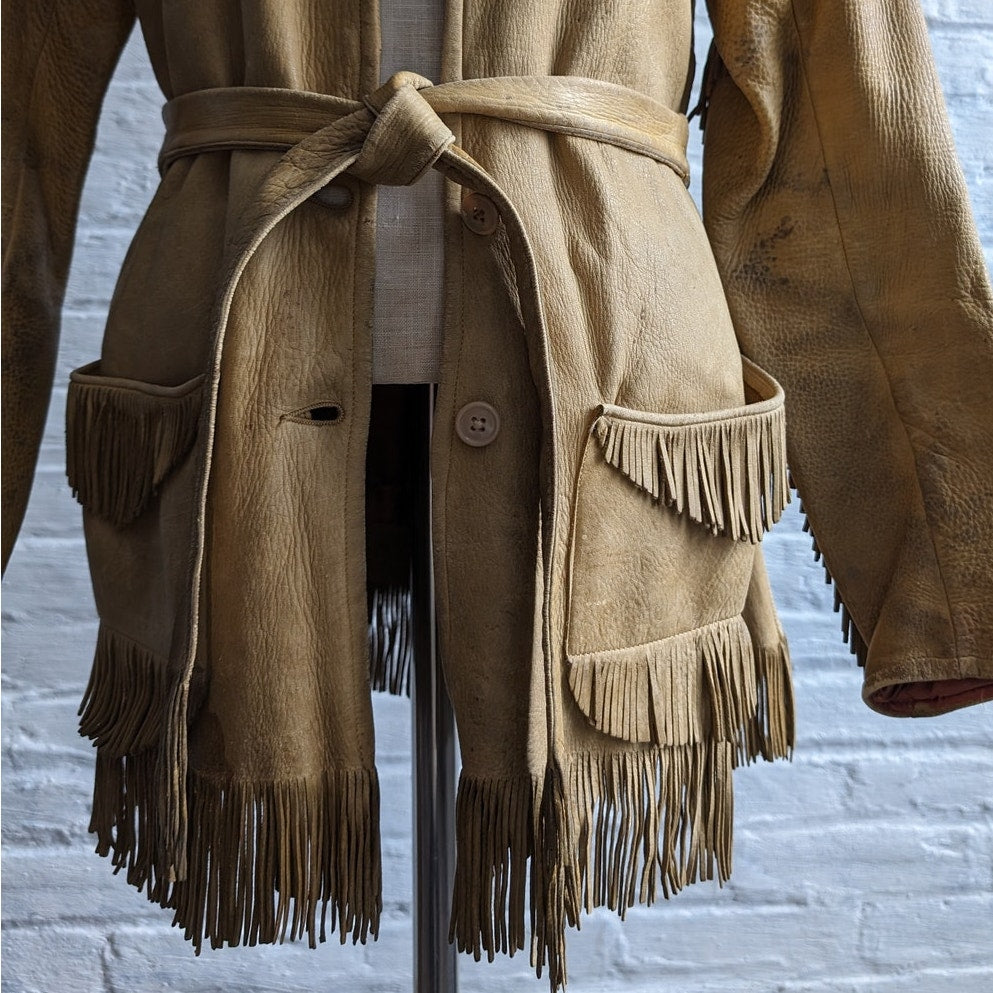 Vintage Tan Leather Fringe Jacket Western Minimalist Witchy Boho Cowgirl Blazer