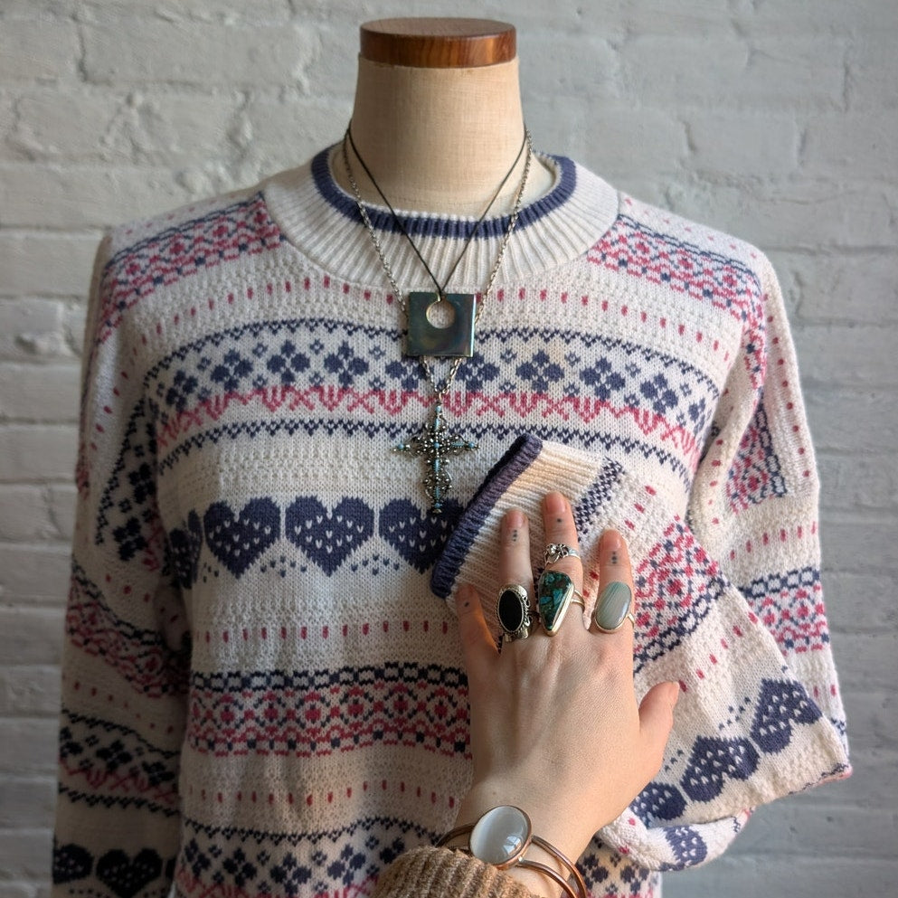 Vintage Sweetheart Chunky Knit Kawaii Sweater Grandpa Crewneck Boho Fuzzy Top